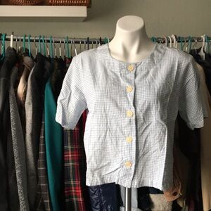 Orvis Cotton 50s Style Baby Pastel Blue Checkered Gingham Button Down Shirt Crop